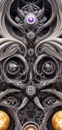 This phone live wallpaper showcases an intricate digital artwork inspired by biomechanical design