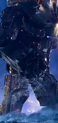 This mobile live wallpaper showcases a gigantic robot standing over a peaceful body of water