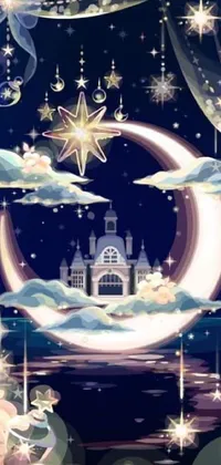 This phone live wallpaper depicts a breathtaking illustration of a moon and castle with a ballroom backdrop