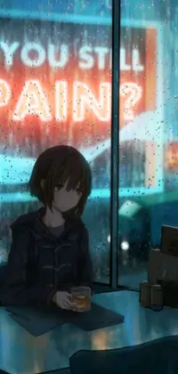 This phone live wallpaper features a relaxing scene where a person sits at a table in front of a window in an anime-style drawing