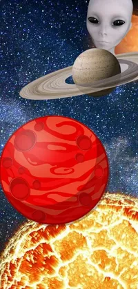 This space-themed phone live wallpaper features a beautifully designed alien sitting atop a red planet, surrounded by planets floating in the backdrop
