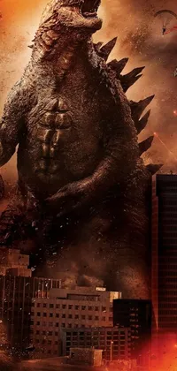 Unleash the mighty Godzilla with this stunning mobile live wallpaper! Witness the towering beast standing tall amidst a sprawling city skyline, emitting flames and smoke that add to the atmosphere and action
