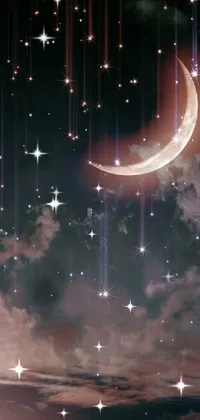 This live phone wallpaper showcases an awe-inspiring digital art of a night sky with stars and a crescent, beautifully designed to give your phone a touch of celestial magic