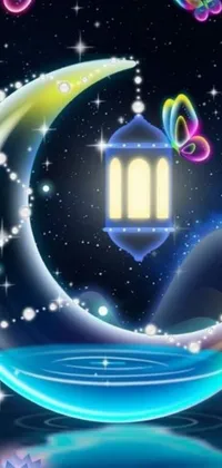 Looking for a magnificent live wallpaper for your phone? Look no further than this gorgeous Islamic art-inspired wallpaper! The backdrop of this wallpaper is a beautiful, opalescent night sky, with a stunning crescent moon radiating a soft glow