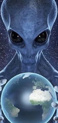 This phone live wallpaper showcases a captivating image of an otherworldly creature grasping a planetary globe