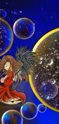 This is a stunning phone live wallpaper featuring a serene girl in a red dress surrounded by bubbles, feathers, and a big moon