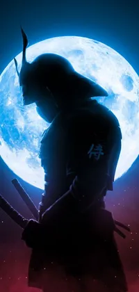 This striking live wallpaper features a scene of a man in a futuristic mecha suit, holding two gleaming swords in front of a full moon