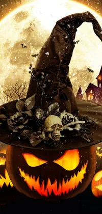 This phone live wallpaper features a detailed digital art image of a witch hat on a pile of pumpkins, perfect for horror enthusiasts
