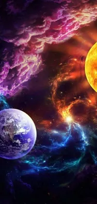 Looking for a captivating phone live wallpaper? Look no further! This space-themed wallpaper features two planets amidst an abstract space art with orange and purple electric currents