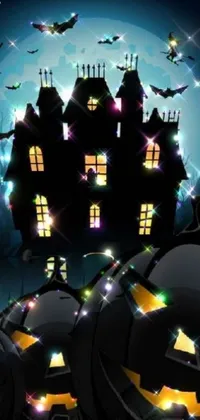 Upgrade your phone with a new spooky live wallpaper featuring a haunted castle surrounded by glowing pumpkins and bats against a full moon