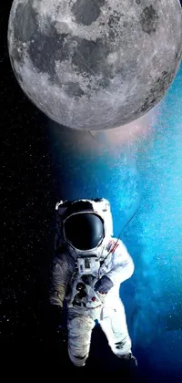 This space-themed phone live wallpaper features an astronaut in a full spacesuit floating alongside a large moon