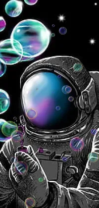 Looking for a unique and stunning live wallpaper for your phone? Check out this space-themed beauty! Featuring an astronaut blowing colorful bubbles against a black background, this vector art is perfect for those who appreciate intricate detailing and a beautiful 4K HD quality