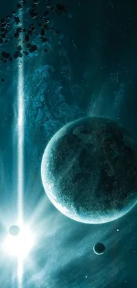 This stunning live wallpaper showcases a group of planets floating in a cyan atmosphere