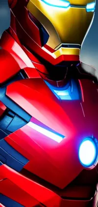 This stunning phone live wallpaper showcases a close-up of a red Iron Man suit, which has been beautifully rendered through the use of raytracing technology