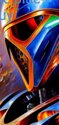 This live phone wallpaper displays a motorcycle helmet on a bike that's been airbrushed in an orange and blue color combination, with vibrant detailing, invoking Chris Foss futurism-style art