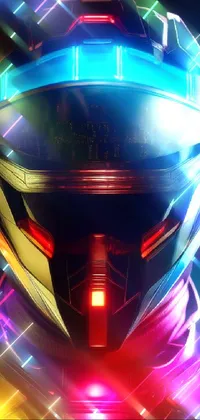 This phone wallpaper is a striking 3D render featuring a stylized motorcycle helmet with a neon visor