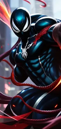 This phone live wallpaper shows an impressive depiction of Spider-Man, the superhero who protects the city, viewed up close in bold 4K detail