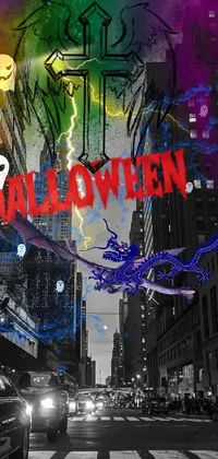 This live wallpaper is a stunning artwork that portrays a city street with bold graffiti and an eerie Halloween vibe