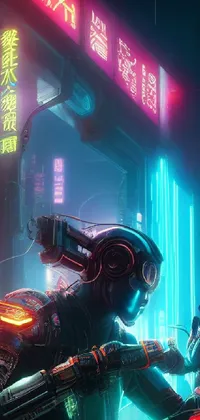 This futuristic live phone wallpaper depicts a man on a motorcycle in a cyberpunk scene