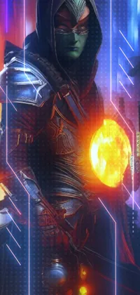 This colorful live phone wallpaper captures a heroic character in armor holding a glowing ball