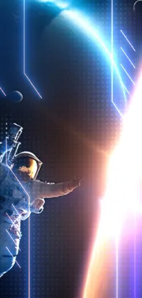 This phone live wallpaper shows an astronaut in a space suit, flying through the air while blocking the sun