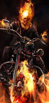 This dynamic mobile live wallpaper depicts a bold and fearless man riding a motorcycle veiled in flames through a fiery landscape