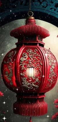 This mesmerizing phone live wallpaper features a striking red lantern hanging from a serene blue archway