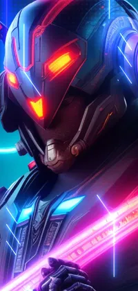 This dynamic phone live wallpaper showcases intricate glowing mecha armor with a cyberpunk twist, inspired by trending Artstation digital art