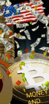 This stunning phone live wallpaper showcases a pile of money and coins, glittering brightly on your screen