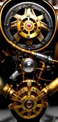 This phone live wallpaper depicts a close-up view of the front wheel of a car, featuring large golden pipes, a mechanical heart, and luxurious materials