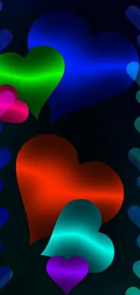 This colorful phone live wallpaper features a multitude of hearts in green, blue, and red colors on a black background