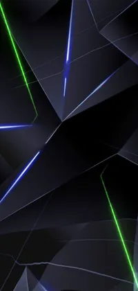 This phone live wallpaper features a mesmerizing close-up of a low-polygon digital art design by Leo Goetz, showcasing a dark black background with blue-lined patterns arranged in a geometric design
