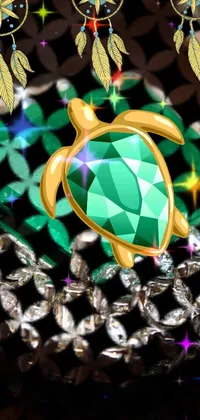 This live wallpaper for your phone showcases a stunning close-up of a necklace with a vibrant green stone, adorned with numerous dazzling diamonds