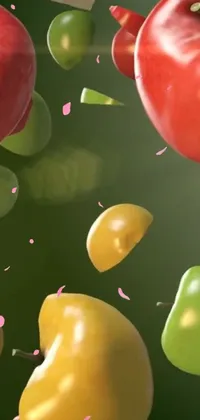 This phone live wallpaper is a vibrant and playful visual experience, featuring a group of flying fruits and vegetables