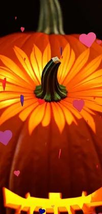 This phone live wallpaper features a detailed pumpkin with a carved face set against a glowing background of delicate flowers