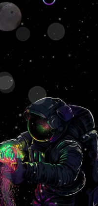 This phone live wallpaper features a stunning digital art of a person in a space suit holding a jelly in an intricate and colorful background inspired by tumblr