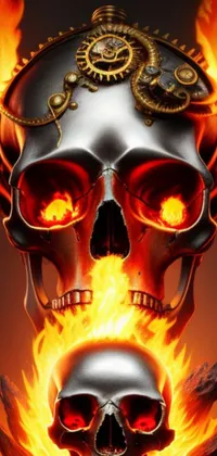 This live wallpaper features fiery skulls set on a background of gears, abstract light effects, and realistic metal reflections