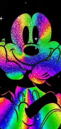This phone live wallpaper features a stunning holographic representation of Mickey Mouse's face on a black background