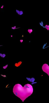 This stunning phone live wallpaper depicts a beautiful arrangement of pink hearts set against a sleek black background