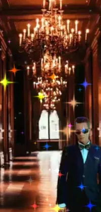 The live wallpaper showcases a sleek and modern hallway, complete with a grand chandelier and a stylishly dressed man