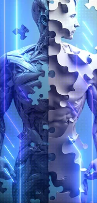 Get an artistic and vibrant live wallpaper for your phone - puzzle pieces covering a man's body, with abstract fractals and bright colors in the background