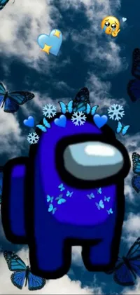 This live phone wallpaper showcases a captivating image of a blue robot surrounded by multicolored butterflies