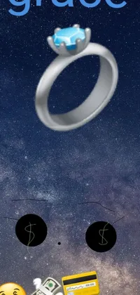 This stunning live wallpaper features a sparkly diamond ring resting on top of a pile of crisp cash, with a gorgeous starry night sky in the background