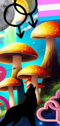 This live wallpaper displays a stunning digital art of a wolf standing in front of mushrooms and a backdrop of moons and stars