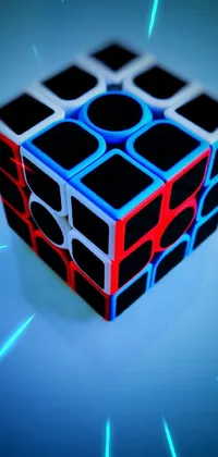 This phone live wallpaper showcases a 3D rendered Rubik's Cube on a table with a red and blue back light