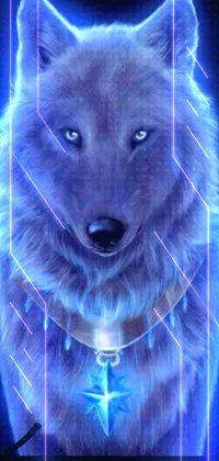 This live wallpaper depicts a close-up view of a wolf with a star on its collar, and blue hair in the center, creating a mesmerizing effect