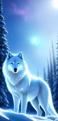 This beautiful phone live wallpaper showcases a white wolf standing on a snow-covered forest, with blue shining eyes and a starry background