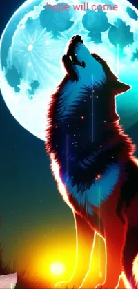 This phone live wallpaper features a stunning digital art painting of a wolf howling at the moon