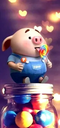 This live phone wallpaper showcases a charming pig resting on top of a overflowing candy jar