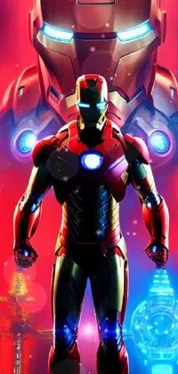 This live wallpaper boasts a vibrant cartoon rendition of the iconic Iron Man superhero